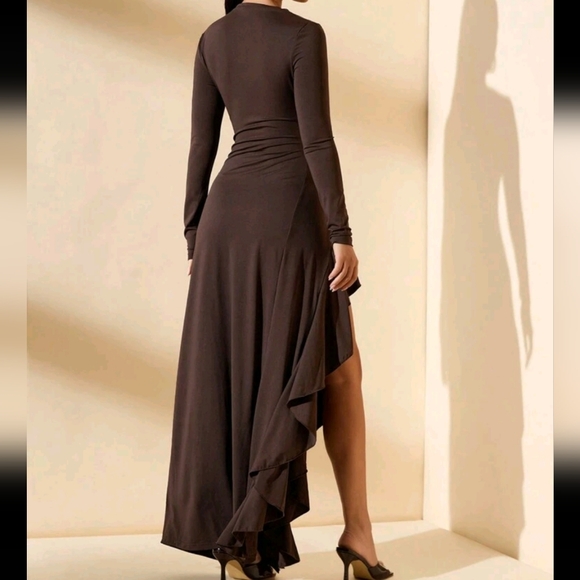 Thickened Thermal Pearl Fleece Solid Brown Coffee Turtleneck Ruched Slim Dress - Picture 2 of 4